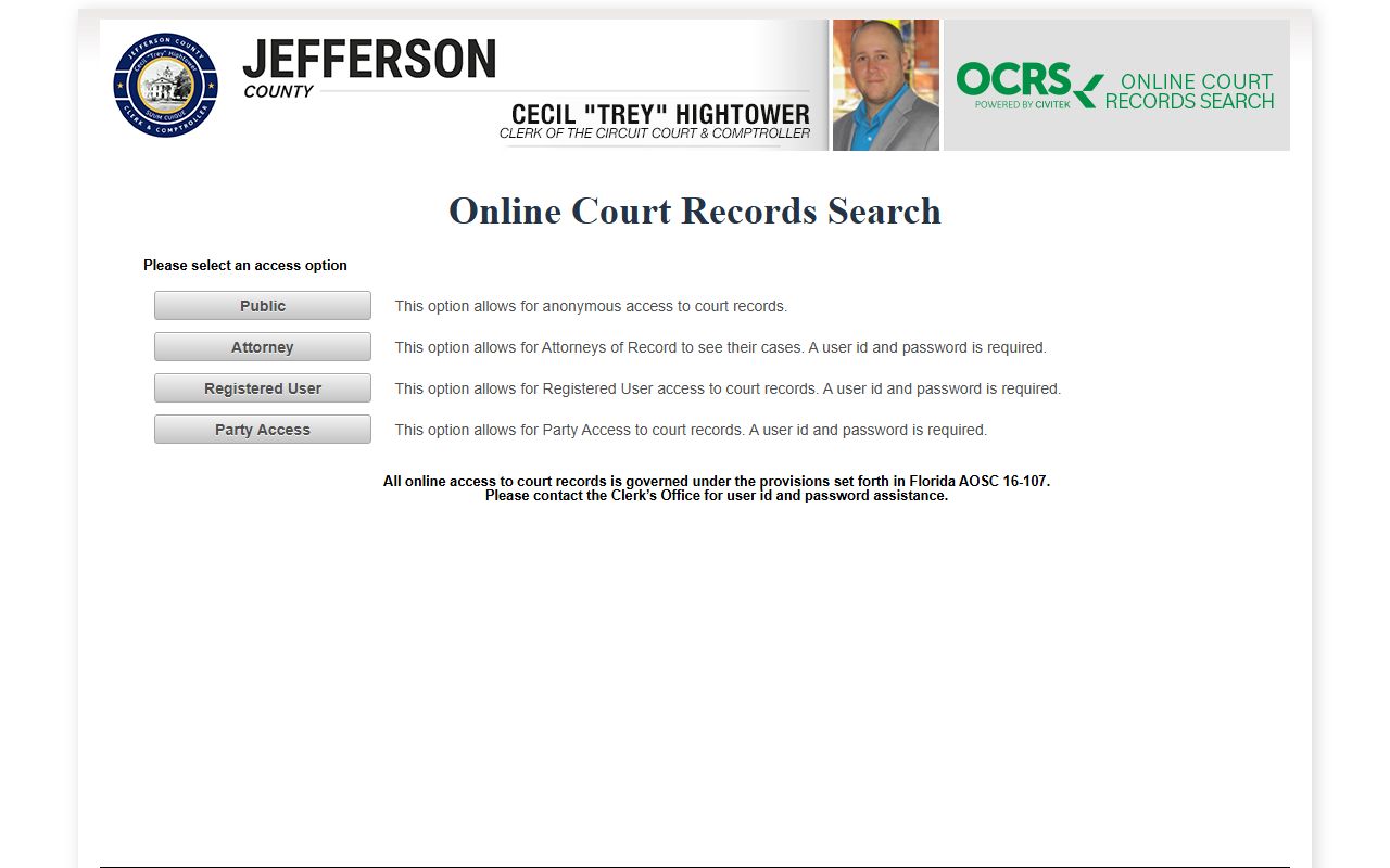 Jefferson County OCRS court records access screen after a jail arrest