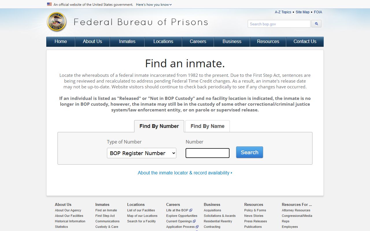 Federal Bureau of Prisons inmate locator fields with no public mugshot