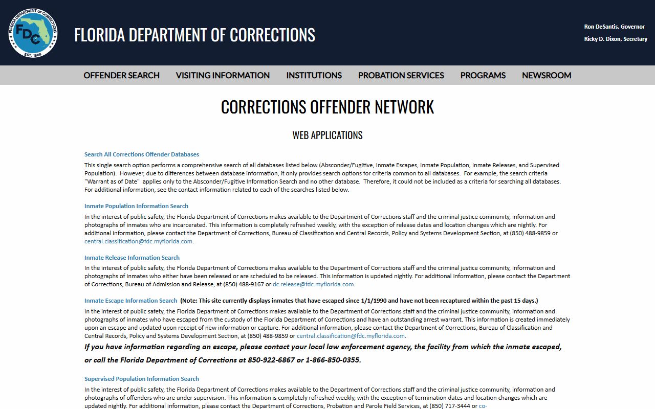 Florida Department of Corrections offender search menu with inmate photo options