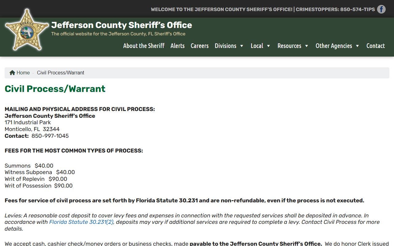 Jefferson County Sheriff civil process and warrant page tied to arrests