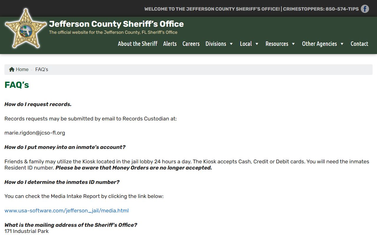 Jefferson County jail inmate services FAQ with Resident ID and Media Intake Report