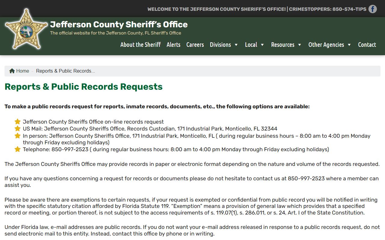Jefferson County Sheriff public records request page for jail inmate records