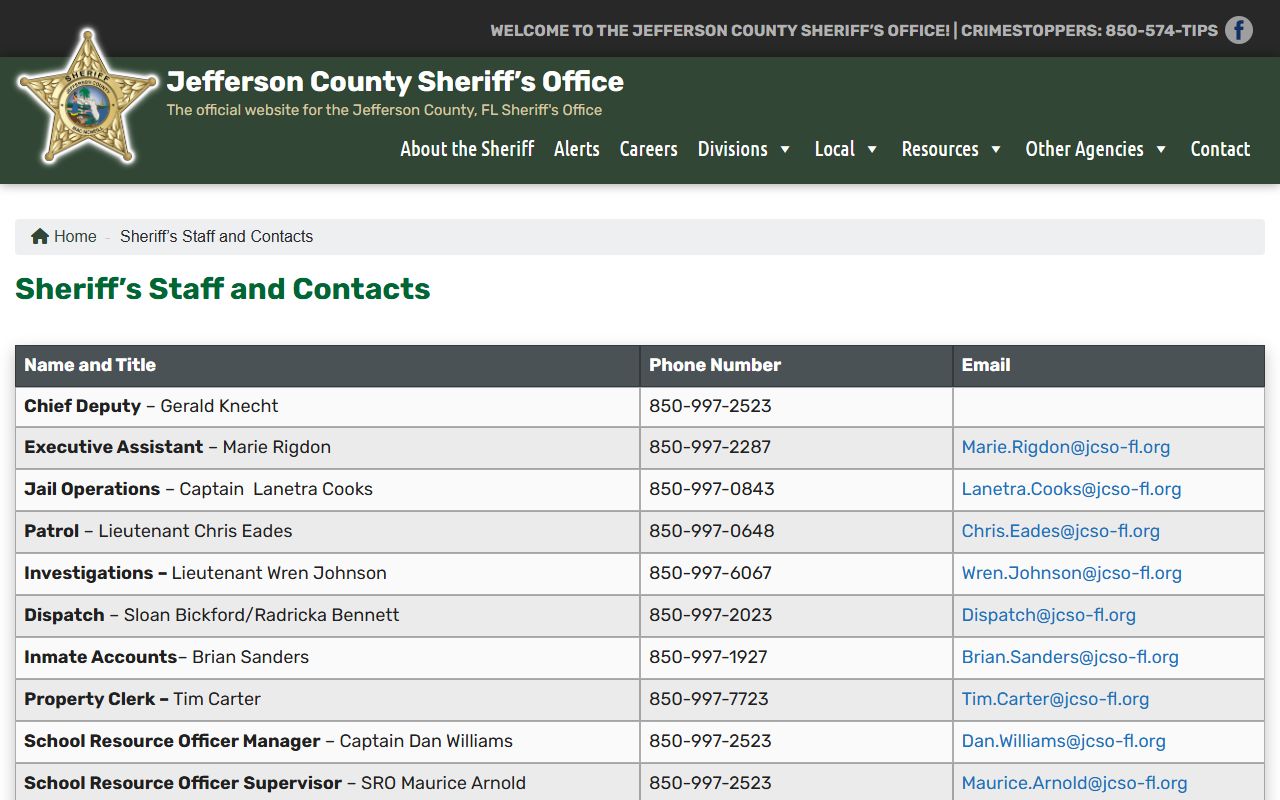 Jefferson County Sheriff staff contacts for the county jail