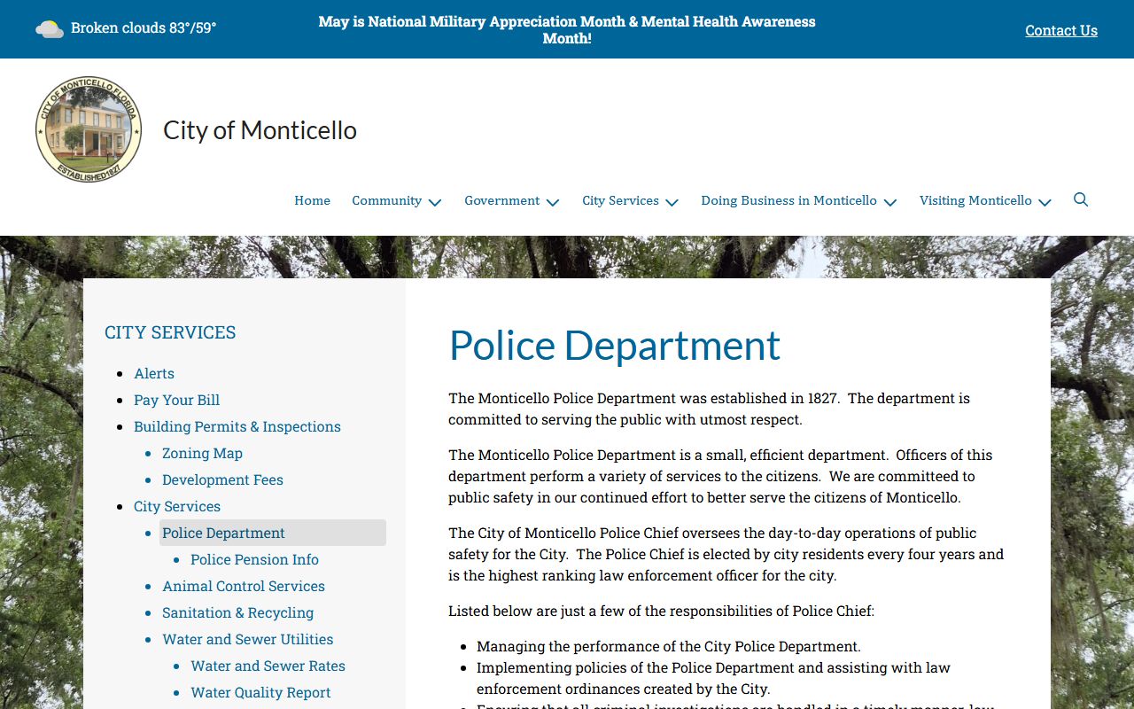 Monticello Police Department page in Jefferson County with address and divisions